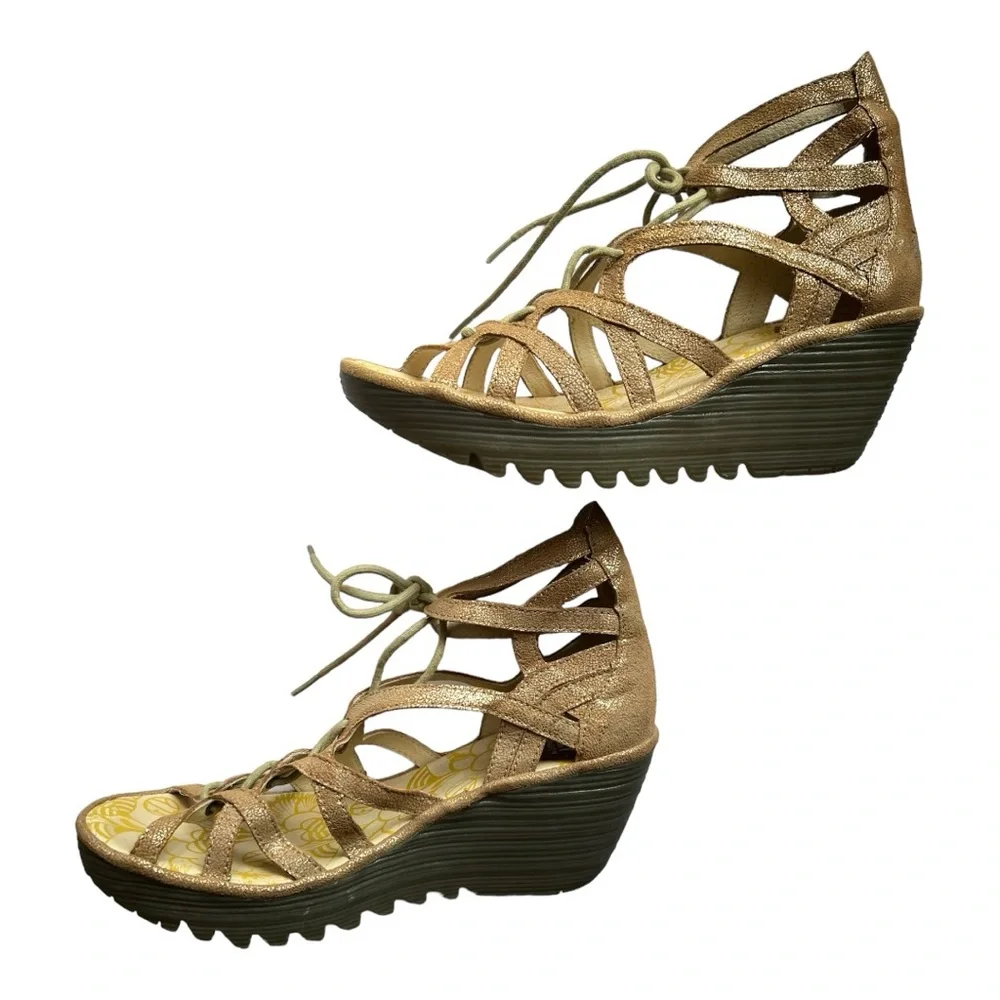 Fly London Yake Rose Gold Platform Sandal Size 38